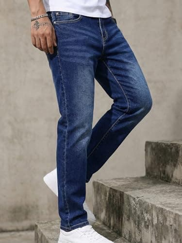 JMIERR Men's Slim Fit Stretch Tapered Leg Skinny Jeans, Casual Cotton Comfort Flexible Denim Pants for Men with 5 Pockets, 34W*32L, Navy Blue - Thumbnail 3