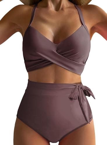 Dokotoo High Waisted Bikini Sets for Women Push Up Adjustable Straps Front Cross 2025 Two Piece Bathing Suit Sexy Summer Vaction Tummy Control Beach Swimwear,Chicory Coffee Small