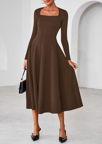 Lazysmile Long Sleeve Fall Dresses for Women Square Neck A Line Flowy Casual Elegant Wedding Guest Party Maxi Dress Brown - Thumbnail 3