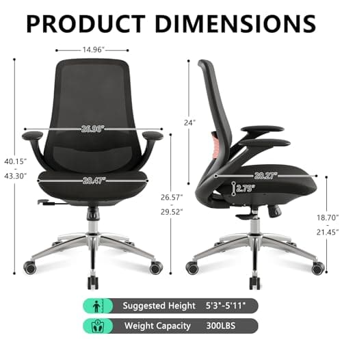 BERYTH Ergonomic Office Chair, High-Back Mesh Executive Chair with Lumbar Support & 360° Adjustable Arms, Reclining Desk Chair with Tilt Lock for Home Office, Gaming, and Work, 300lb Capacity (Black) - Thumbnail 3
