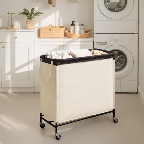 StorageWorks 3 Section Laundry Hamper, Rolling Laundry Cart with Wheels and Handles, Laundry Room Double Sorter for Organizer and Storage, 31.7 Gal(120L), Beige - Thumbnail 6