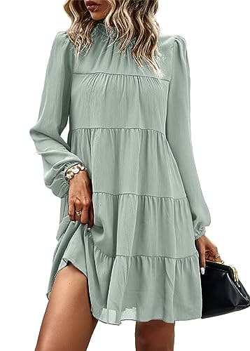 KIRUNDO Long Sleeve Baby Doll Dresses Women 2026 Casual Spring Summer Ruffle Mock Neck Tiered Mini Flowy Swing Shift Dress(Light Green, X-Large)