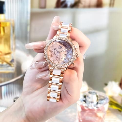 OLEVS Women's Rose Gold Watch Luxury Pink Mother of Pearl Dial Waterproof Ceramic Stainless Steel Bracelet Elegant Ladies Chronograph Watch Quartz Diamond Bezel Fashion Gift Her reloj para Mujer - Thumbnail 4