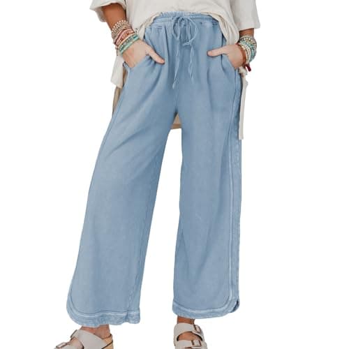 Ainangua Women's Casual Wide Leg Pants High Waist Acid Wash Baggy Palazzo Pants Athletic Lounge Trousers with Pockets(Blue,XL)