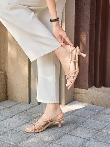 Coutgo Womens Strappy Sandals Slingback Kitten Low Heels Open Toe Buckle Strap Summer Party Dress Shoes, Light Khaki, Size 11 - Thumbnail 2