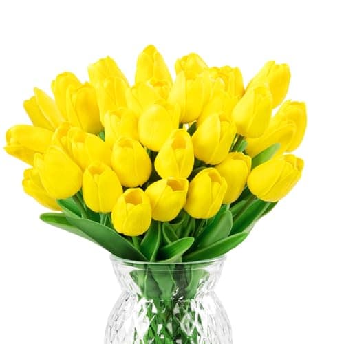 U'Artlines 30Pcs Fake Tulips Artificial Flowers with Stems Faux Tulips Bouquet Real Touch Flower for Wedding Home Kitchen Spring Easter Mother's Day Floral Arrangement Decor (Yellow) - Image 1