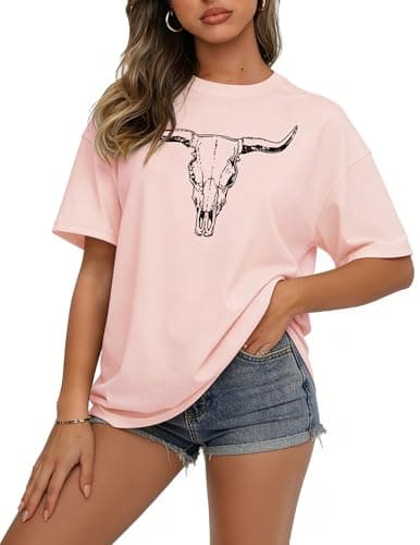 Women's Western Graphic Tee Boho Cow Skull Cowgirl Rodeo Vintage Bull Head Short Sleeve Shirt - Image 1