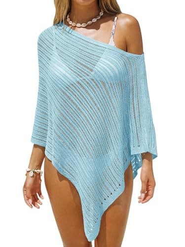 Saodimallsu Womens Off The Shoulder Beach Cover Ups Summer Batwing Sleeve Mesh Knit Asymmetrical Vacation Cape Top Light Blue - Image 1