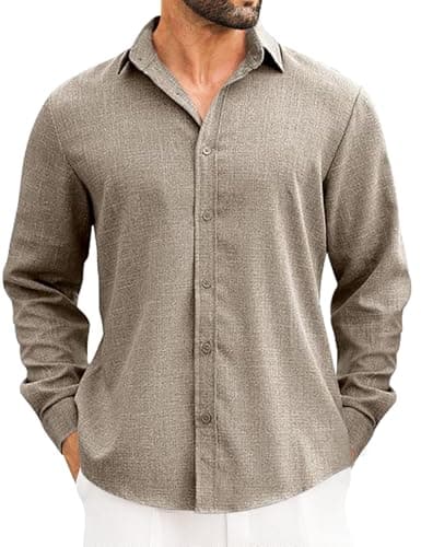 LETSEE Men's Linen Blend Button Down Shirt – Lightweight Long Sleeve Casual Shirt for Beach, Vacation & Wedding Dark Khaki - Image 1