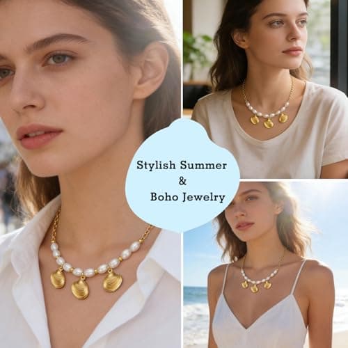Seashell Necklace for Women: 3-Piece Boho Pendant with 10 Simulated Pearls, 14K Gold Plated on Stainless Steel Chain | Cute Beach Jewelry Gift for Summer (Gold) - Thumbnail 3