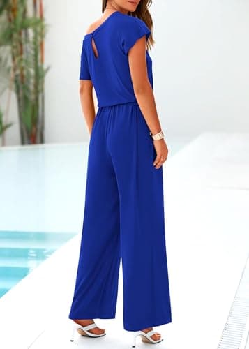 KIRUNDO Womens Jumpsuit 2026 Casual Summer Loose One Piece Off Shoulder Elastic Waist Wide Leg Long Romper with Pockets(Blue, XX-Large) - Thumbnail 2