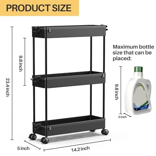 SPACEKEEPER Slim Rolling Storage Cart, 3 Tier Bathroom Storage Organizer Laundry Room Utility Cart Mobile Shelving Unit, Multi-Purpose for Kitchen Office Bathroom Laundry Narrow Places, Black - Thumbnail 3
