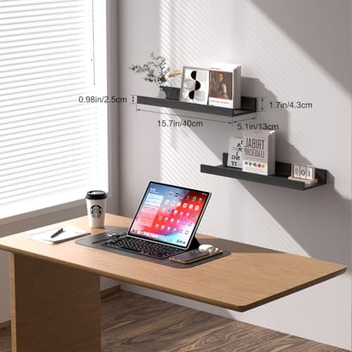 Modcraft Black Floating Shelves with Lip 16 Inch, Wall Mounted Picture Ledge Shelf for Bathroom & Bedroom, Rustic Wood Display Shelf for Photos, Frames & Collectibles, Set of 2 - Thumbnail 3