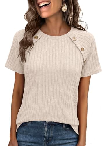 ANRABESS Women Short Sleeve Tops Summer Sweater 2026 Dressy Shirts Business Casual Tunic Blouses Trendy Work Clothes Light Khaki Small - Image 1