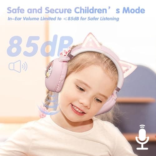 esonstyle Kids Headphones Cat Ear - Bluetooth 5.4 Over-Ear Noise Cancelling Headphones with Microphone LED Lights Up 85dB Safe Volume Limit Wireless or 3.5mm Wired USB C for Travel iPad Tablet (Pink) - Thumbnail 5