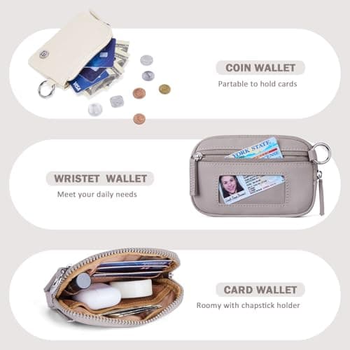 POIUGOYA Keychain Wristlet Wallet,Dual Pouch Wristlet Portable,Nylon RFID Coin Purse Small Wallet with key ring,ID Window - Thumbnail 4