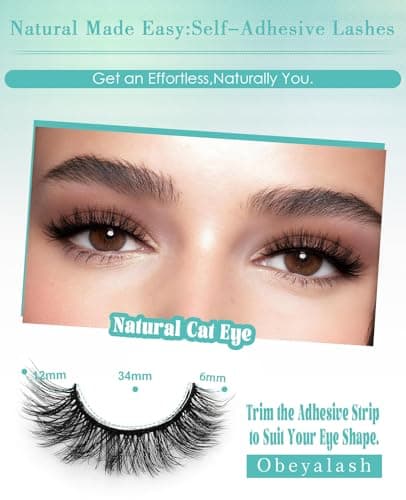 Obeyalash Self Adhesive Eyelashes Natural Look,Waterproof Preglued Lashes,Easy Strip Lashes for Beginners,No Glue Lashes Reusable Stick on Eyelashes for Daily Work & Travel (Cat Eye 12mm M879) - Thumbnail 3