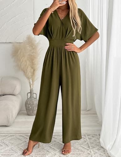 LOOKBOHO Womens Dressy Jumpsuits V Neck Belted Waist Casual Wide Leg Pants Romper Formal Elegant Jumpsuit Army Green M - Thumbnail 2