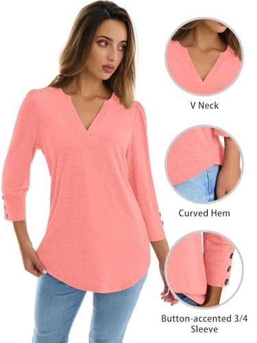 NORACORA Womens Tops 3/4 Sleeve with Buttons Dressy Casual Blouses for Women V Neck T Shirts Beach Vacation Spring Summer Outfits Coral XXL - Thumbnail 6