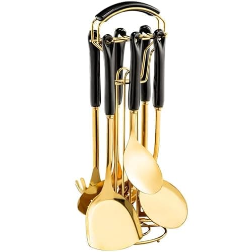 Novellus Stainless Steel Gold Kitchen Utensils Set with Holder, 7pcs Black
