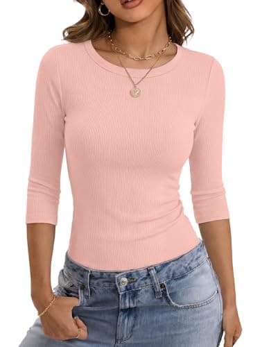 GKBK Womens 3/4 Sleeve Ribbed Tops Slim Fitted Tight Basic T-Shirts Crewneck Cute Layering Lightweight Fall Sweaters 2025 Fashion Outfits Light Pink - Image 1
