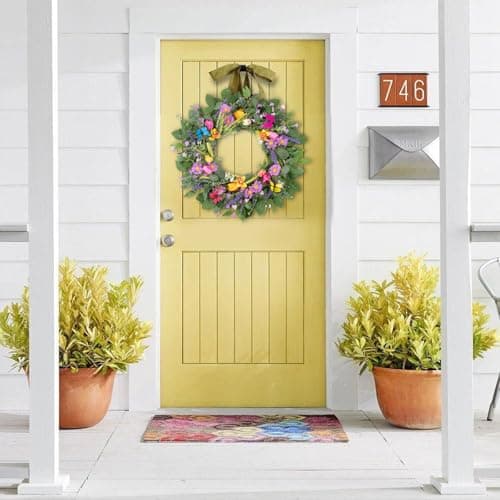 U'Artlines 22 Inch Tulip Wreath for Front Door, Spring Summer Silk Wreath with Green Leaves Colorful Butterfly Artificial Tulip Flower Wreaths for All Seasons Window Wall Wedding Valentines Day Decor - Thumbnail 2