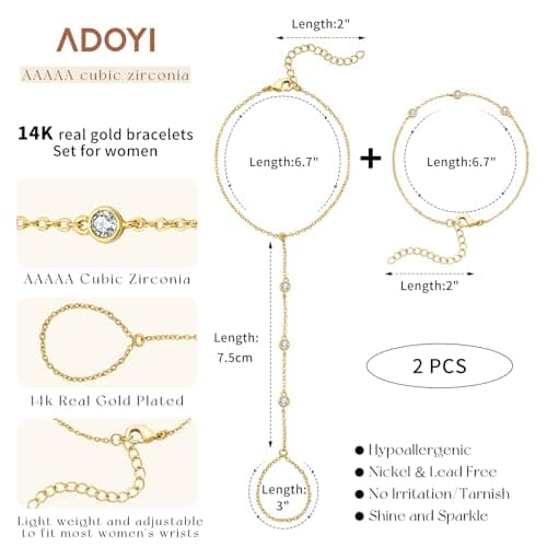 adoyi Gold Bracelets for Women 14K Gold Plated Trendy Hand Chain Bracelet Stackable Ring Bracelet Stack Set Adjustable Hand Chain Link Layered Waterproof Jewelry Sets Gifts for Women 6.7"+2" - Thumbnail 6