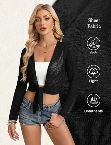 GRACE KARIN Womens Shrugs for Dress Cropped Cardigan Sheer Bolero Sweater Summer Lightweight Cardigan Black M - Thumbnail 4