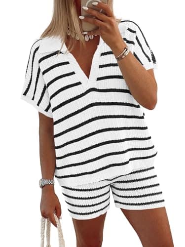 Tankaneo Womens 2 Piece Outfits Striped Knit Summer Sets V Neck Short Sleeve Tops and Shorts Lounge Matching Set White Large - Image 1