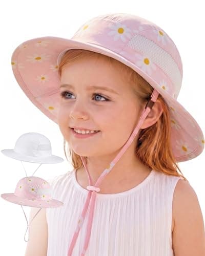Sun Hat for Baby Boys Girls Toddler and Kids UPF 50+ with Bucket Wide Brim Summer (US, Age, 6 Months, 24 Months, White + Pink&White Daisy) - Image 1