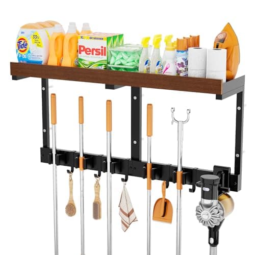 Broom Holder Wall Mount with Cleaning Supplies Organizer, Laundry Room Shelves with Mop Hanger Rack Gripper Hooks and Vacuum Organizer, Broom and Mop Organizer Wall Hanging for Home Garage Kitchen - Image 1