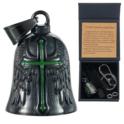 CTZSR Motorcycle Bell Guardian Angel - Good Luck Charm Gift For Rider Men Kids Friends With Gift Box, Legend Card, Keychain And Hanger & Weather-resistant Gremlin Bells For Bike Car (Black & Green) - Image 1