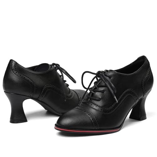 Yremael Women's Black Oxfords Dress Wingtip Vintage Comfortable Chunky High Heel Lace Up Brogues Booties - Thumbnail 5