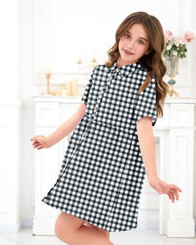 Girl's Summer Short Sleeve Loose Babydoll Dress Casual Kids Button Down Mini Sundresses with Pockets 2026 Black White Plaid 11-12 - Thumbnail 2