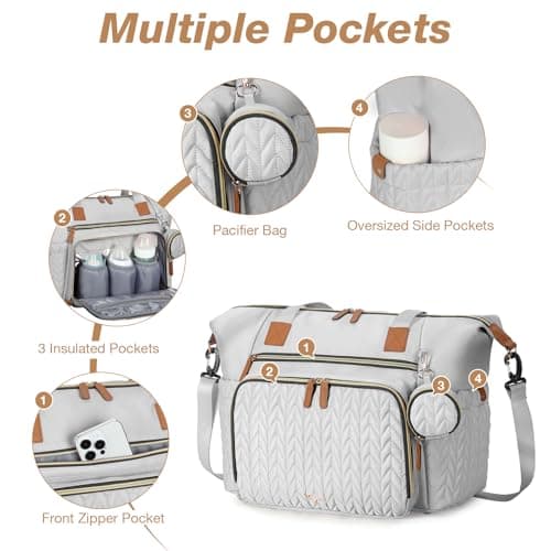 Tonyeee Diaper Bag Tote, Large Diaper Bags Waterproof, Hospital Bag for Labor Delivery, Baby Bag with Pacifier Case, Travel Diaper Tote with Changing Pad, Grey - Thumbnail 5