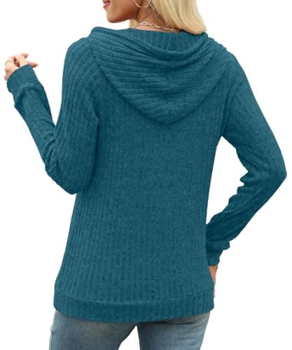 XMTOPYE Sweaters for Women Long Sleeve Hoodies with Buttons Early Fall Fashion Winter Clothing Teal Blue - Thumbnail 5
