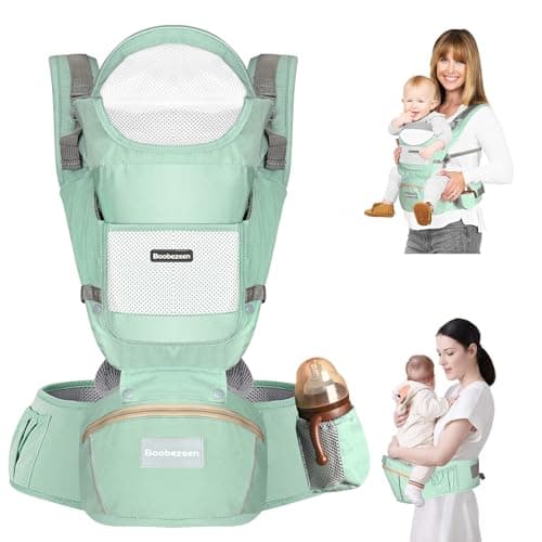 Boobezeen Baby Carrier with Hip Seat, Ergonomic M Position 6-in-1 Baby Carrier Newborns to Toddlers, Adjustable Baby Holder Carrier, All Seasons(Green)