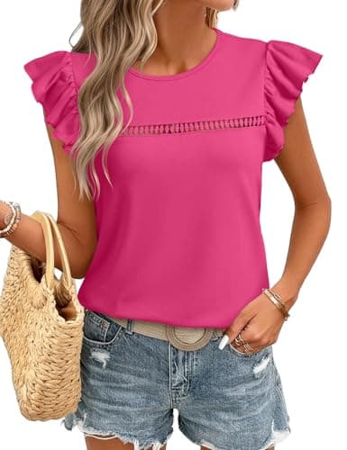 JUSTFASHIONNOW Ruffle Sleeve Tops for Women Cute Summer Tshirts Ladies Dressy Casual Blouse Flutter Sleeve Top 2026 Trendy Clothes(Rose Red,XX-Large) - Image 1