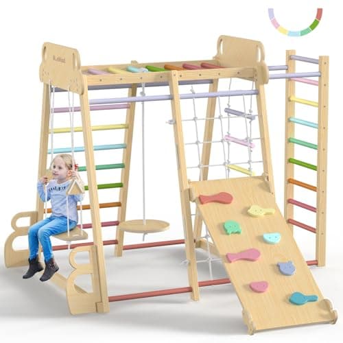 Upgraded Indoor Playground 9-in-1 Jungle Gym Kids Climbing Toys, Montessori Philosophy Waldorf Style Wooden Climber Playset with Slide, Swing, Monkey Bars, Upright/Rope Ladder, Climb Net, Rainbow - Image 1