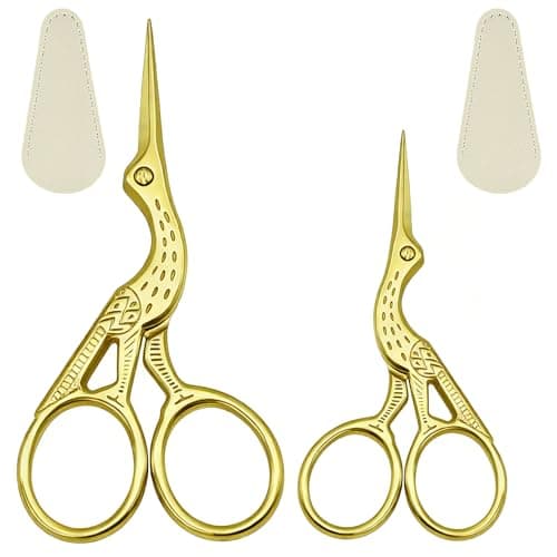 2PCS Sewing Scissors Gold Vintage Stork Embroidery Scissors, Stainless Steel Sharp Bird Shears - Ideal for Handicraft DIY Needlework Cross Stitch Daily Use Travel Sewing Shears（with 2 Covers）