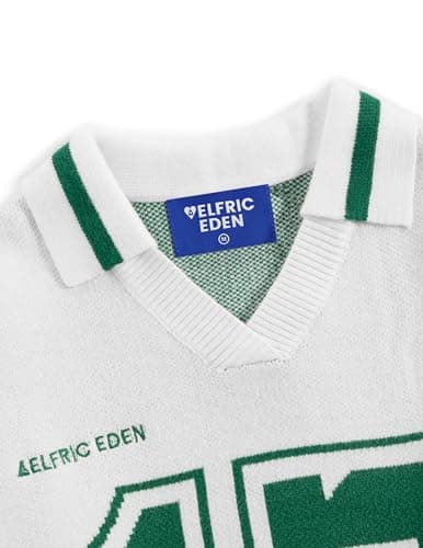 Aelfric Eden Graphic Polo Sweater Women Oversized V Neck Knit Sweaters Y2k Long Sleeve Pullover Vintage Number Sweater Tops White - Thumbnail 4