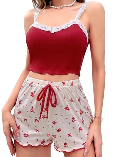 Girece Pajamas for Women Set Shorts Summer Lounge Sets Lingerie Sexy Sets Cute Pjs Floral Lace Trim Sleepwear Comfy Night Wear(Burgundy,M) - Image 1