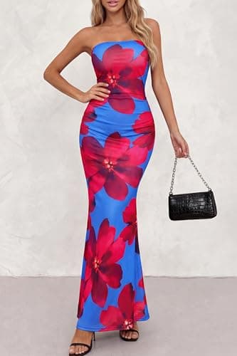 PRETTYGARDEN Womens Spring Dresses 2026 Sexy Strapless Tube Bodycon Mesh Ruched Floral Maxi Dress Wedding Club Outfits(Blue Red Flower,Small) - Thumbnail 2