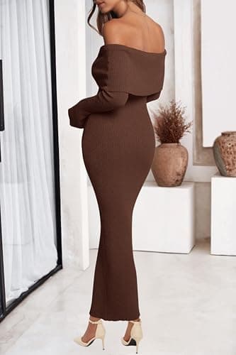 dowerme Women's Off The Shoulder Sweater Dress 2026 Formal Long Sleeve Bodycon Maxi Wedding Guest Dresses Spring Outfits(Brown,X-Large) - Thumbnail 3