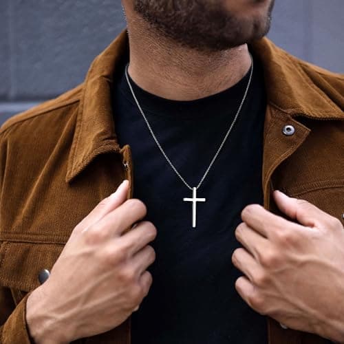Ursteel Easter Gifts for Men Easter Basket Stuffers, Black Silver Cross Necklace for Men Stainless Steel Mens Cross Necklaces Chain Pendant Crucifix Necklace Religious Christian Gifts for Mens Jewelry - Thumbnail 2