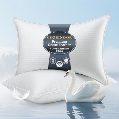 COZSINOOR Goose Feather Pillows Queen Size Set of 2 - Hotel Down Bed Pillow for Sleeping, Soft 600 TC Cotton Cover, Fluffy Support Surround Fill Down Alternative for Back, Stomach, Side Sleepers