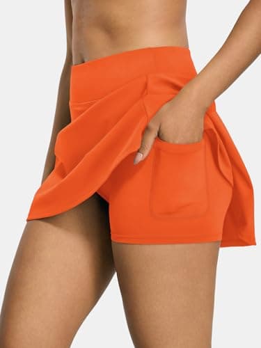 AFFOLE Women's Tennis Golf Skirts High Waisted with Pockets Inner Shorts for Athletic Skorts Sports Running Pickleball Orange - Thumbnail 5