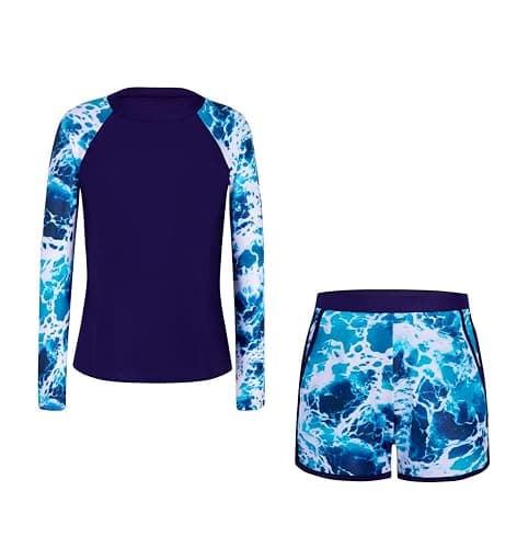 Alakuoti Girls Rash Guard Swimsuit Two Piece Bathing Suit UPF 50+ Sun Protection Long Sleeve Swimwear Size 10 Blue Ocean - Thumbnail 5