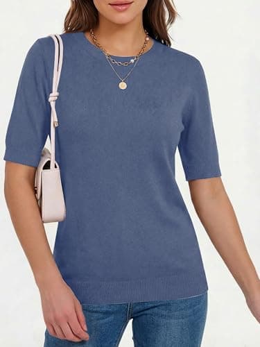 LaGracia Cashmere Sweaters for Women Crewneck Short Sleeve Basic Casual Lightweight Sweater Spring Top Haze Blue XL - Thumbnail 3