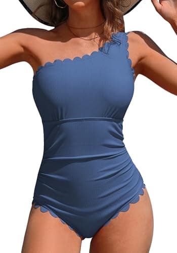 Charmo One Piece Swimsuit One Shoulder Bathing Suit for Women Ribbed Swim Suits for Women 2026 Scalloped Slimming Elder Swimwear Full Coverage Blue XL - Image 1